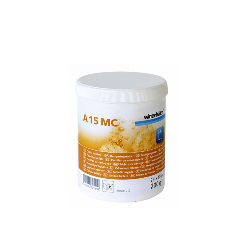 Winterhalter AC15MC warewashing cleaning tablets, 25 packs of 8kg, in a white container with tablets visible inside