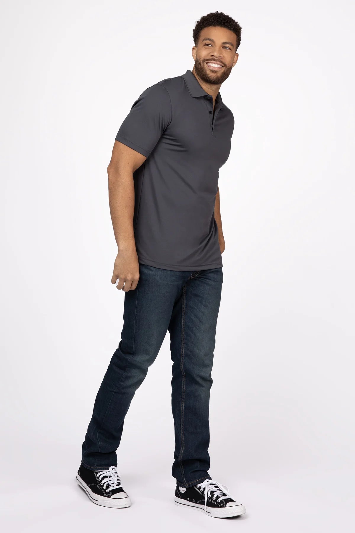 Chef Works men's polo shirt in gray, 2XL size, made of comfortable fabric, featuring a classic collar and short sleeves.