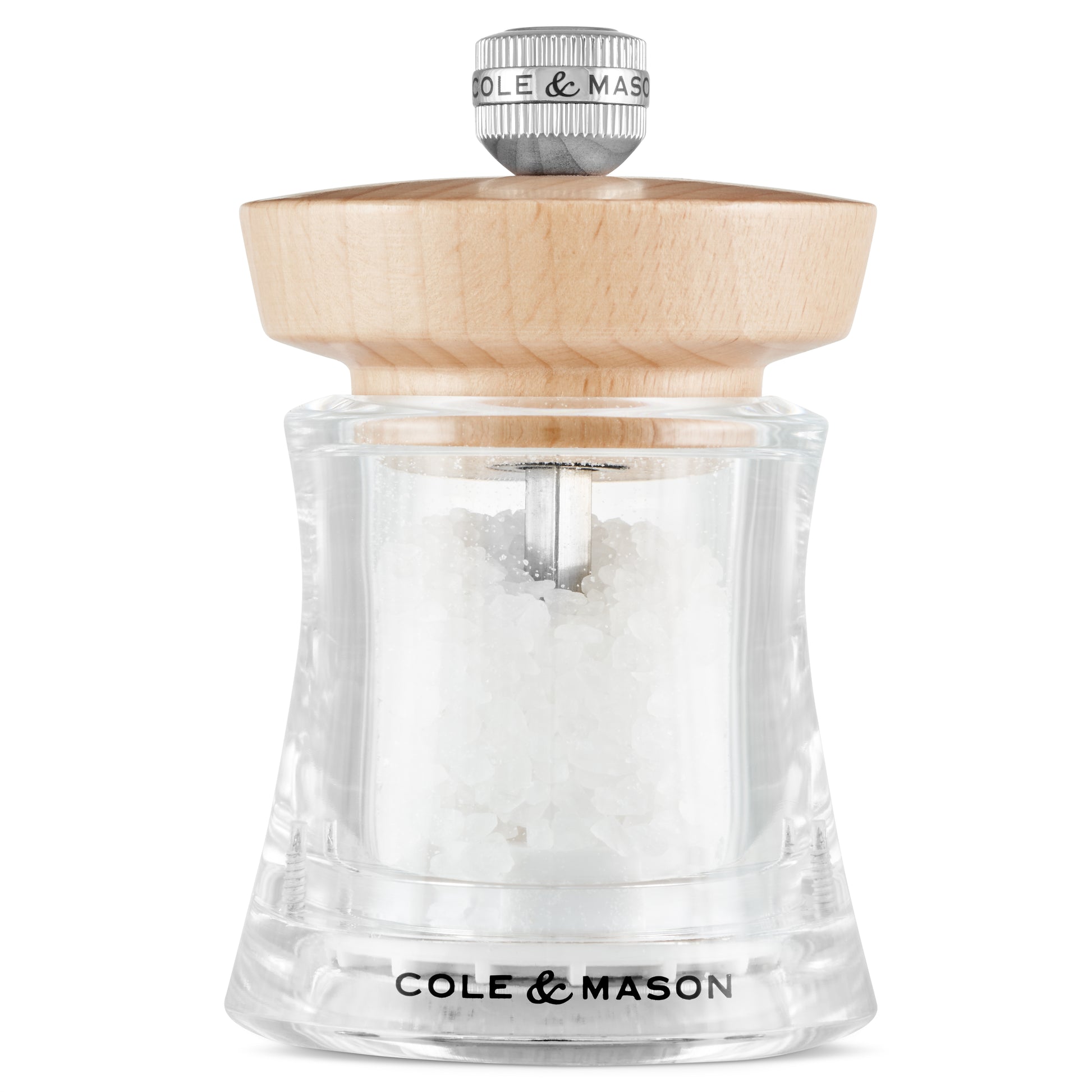 Cole & Mason Holborn 95mm black wood salt mill showing sleek black wooden body and grinding mechanism.