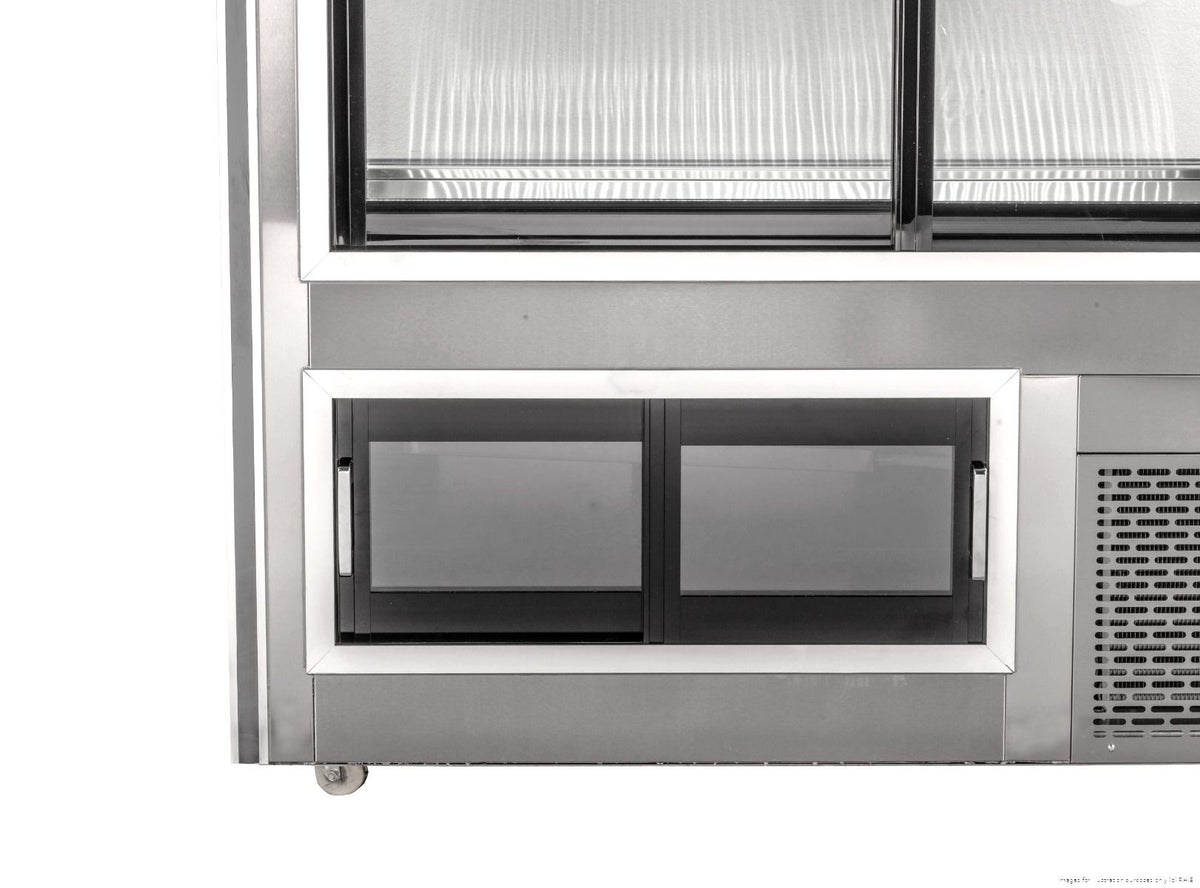 Bonvue AMS-18 refrigerated deli, meat and seafood display case with clear glass front and stainless steel finish
