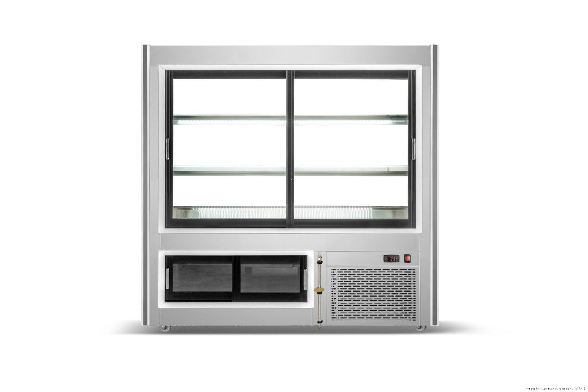 Bonvue AMS-12 refrigerated deli, meat and seafood display case with glass front and stainless steel interior