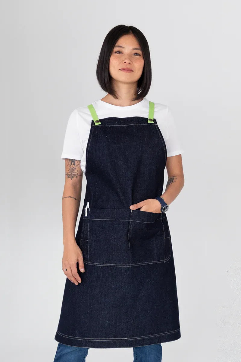 Aussie Chef Archie Denim with Lime Green Straps Apron
