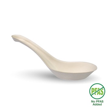 White Biopak 14cm plant fibre Chinese soup spoon, disposable cutlery, shown in a box of 1000 units.