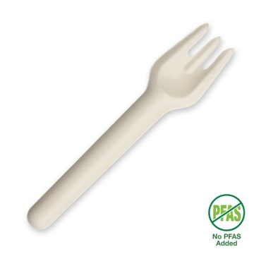 White BioPak 15cm plant fiber disposable fork, shown in a box of 1000, eco-friendly and biodegradable cutlery for food service.