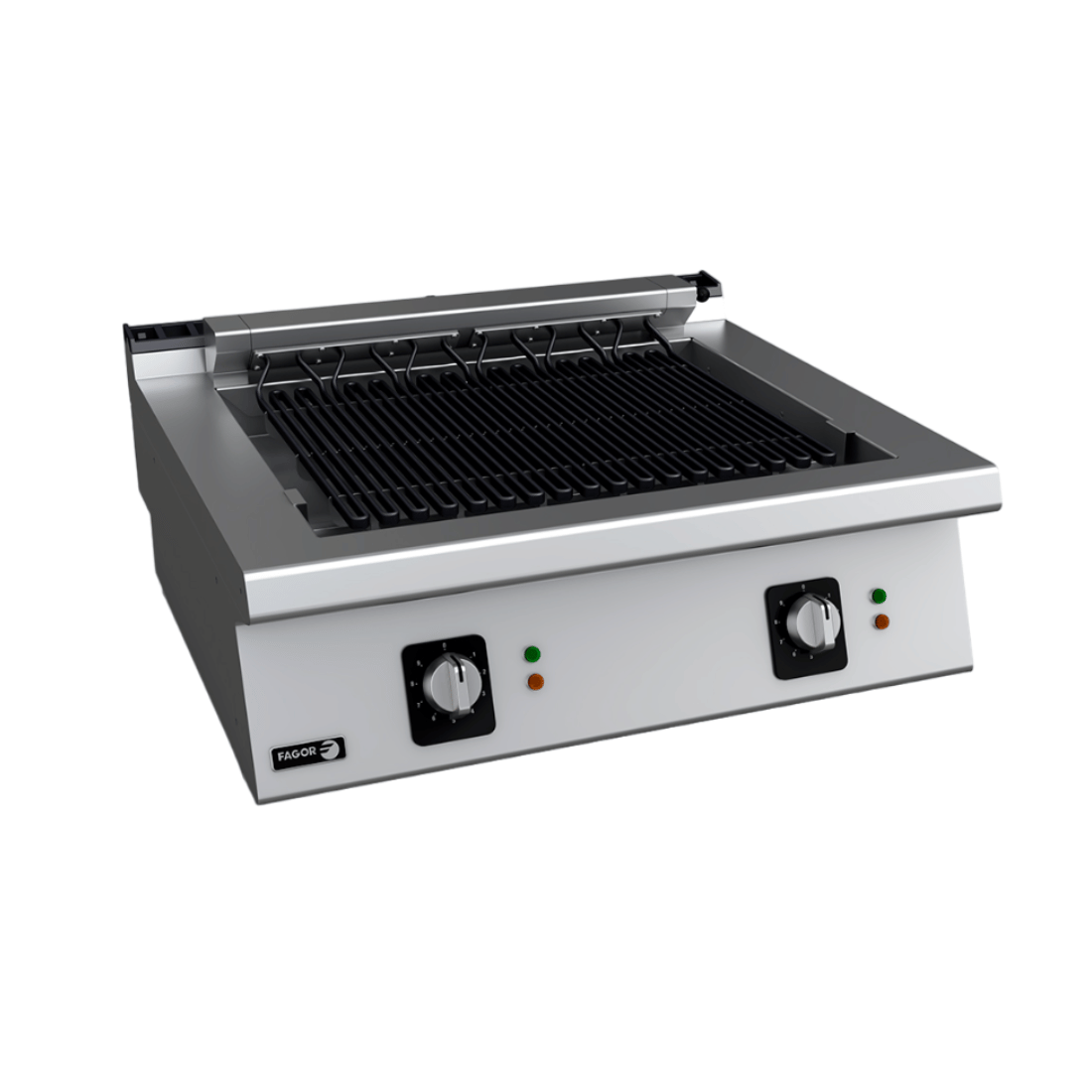 Fagor Kore 900 Series B-E910 electric bench top chargrill with stainless steel surface and adjustable temperature controls.