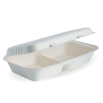 BIOPAK 28x16x7cm / 11.6x6x3in 2-Compartment White Plant Fibre Clamshell 100 Units - Hospitality Connect