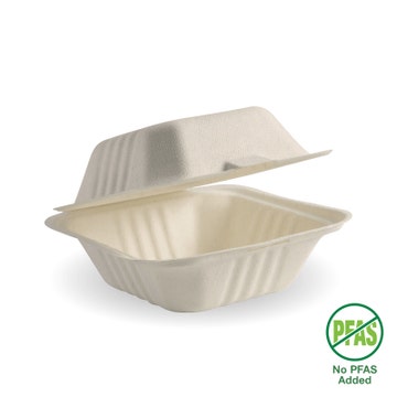 BioPak natural plant fibre clamshell box, 15x15x8cm, 6x6 inch, eco-friendly packaging for food, shown in the image.