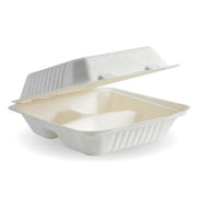 BIOPAK20x22x8cm / 7.8x8x3" 3-Compartment White Plant Fibre Clamshell 200 Units - Hospitality Connect