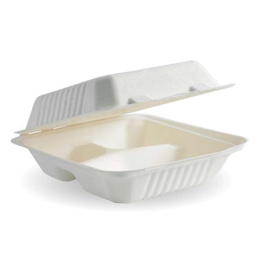 BIOPAK20x22x8cm / 7.8x8x3" 3-Compartment White Plant Fibre Clamshell 200 Units