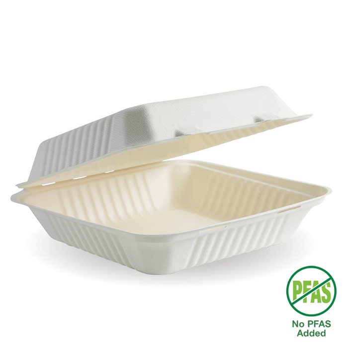 White BioPak plant fibre clamshell box, 23x23x8cm, with 200 pieces, eco-friendly food packaging container.