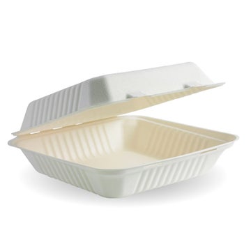 BIOPAK 23x23x8cm / 9x9x3in White Plant Fibre Clamshell 200 units - Hospitality Connect