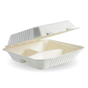BIOPAK 23x23x8cm 3-Compartment White Plant Fibre Clamshell 200 units - Hospitality Connect