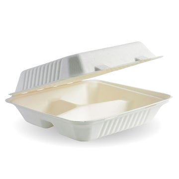 BIOPAK 23x23x8cm 3-Compartment White Plant Fibre Clamshell 200 units - Hospitality Connect