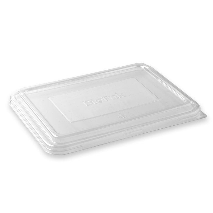 Clear BioPak 2 and 3-compartment RPET takeaway lid box for food packaging, shown in a close-up image.