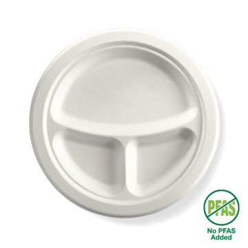 Biopak 23cm round plant fiber disposable plate with three compartments, perfect for eco-friendly food service, shown in the image.