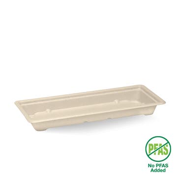 Biopak Long sushi tray in natural color, designed for sushi packaging, shown with multiple trays stacked together.