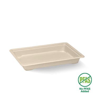 Biopak medium natural sushi tray with lid, made for sushi packaging, showing a new, clean, eco-friendly disposable tray.