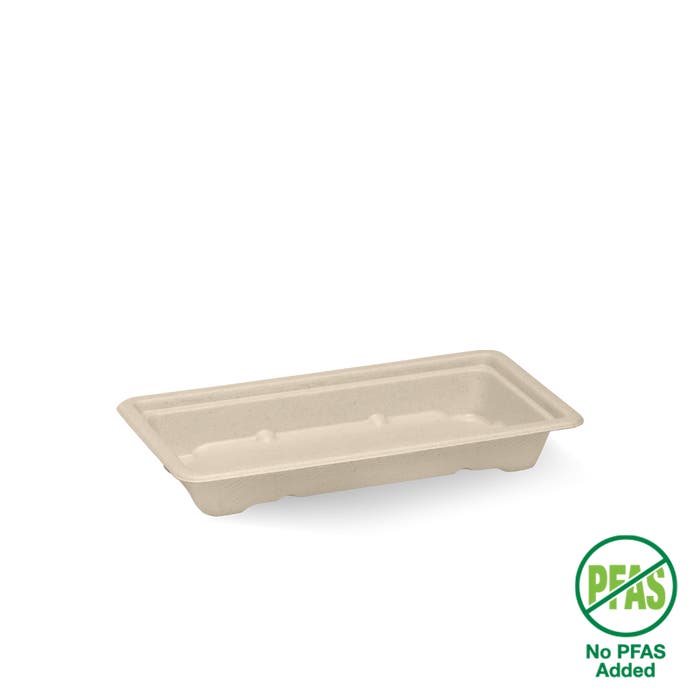 Small BioPak plant fiber sushi tray with eco-friendly design, perfect for serving sushi in environmentally conscious packaging.