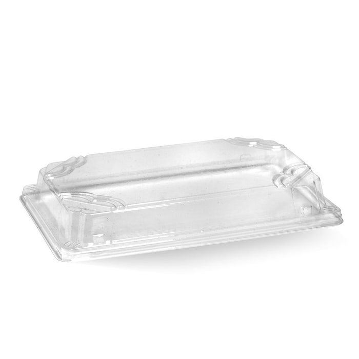 Clear PET lid for large BioPak sushi tray, designed to fit and cover the sushi tray securely in a box of 600.