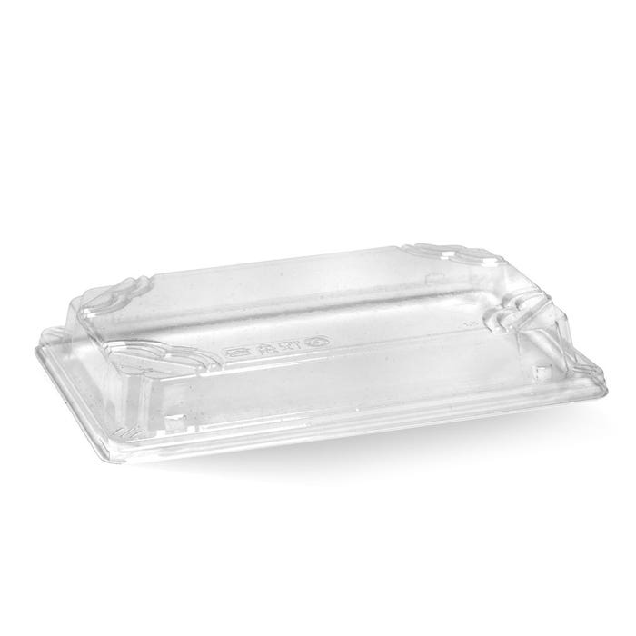 Clear BioPak large sushi tray PLA lid, designed for sushi trays, shown in an open position on a white background.