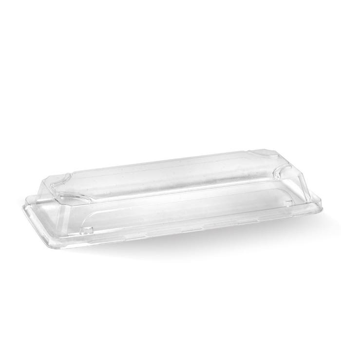 Clear Biopak long sushi tray PET lid, designed for sushi trays, shown on a white background.