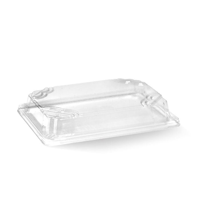 Clear BioPak medium sushi tray PET lid shown on a sushi tray, designed to keep sushi fresh and secure during transport.