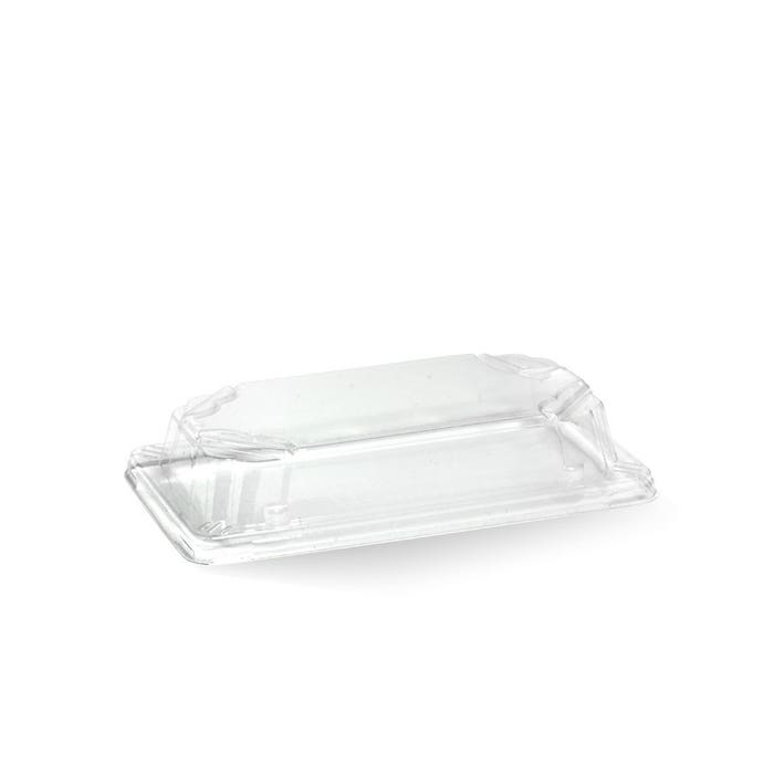 Clear PET lid for small BioPak sushi tray, suitable for 600-pack, designed to securely cover sushi food containers.