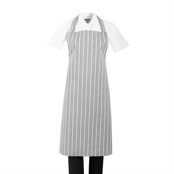 Whites Chefs Whites Bib Apron Grey/White Butchers Stripe - 28-38"BA111 - Hospitality Connect