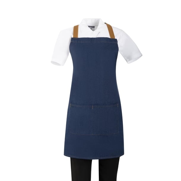 Southside Short Length X-Cross Back Bib Apron Denim Blue (Tan Ties) - 780x700mm