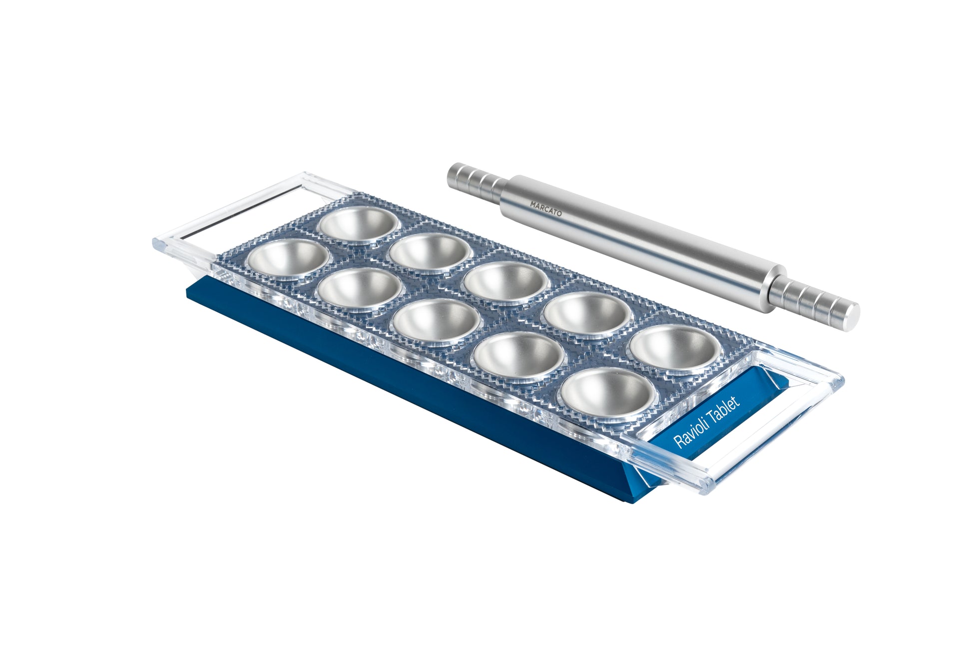 Marcato blue pasta maker with ravioli tablet and rolling pin for homemade pasta preparation
