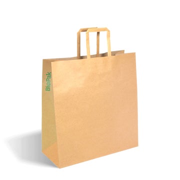 BIOPAK 320x140x340mm Medium Flat Handle Kraft Paper Bags 2000 Units