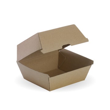 Large BioPak takeaway burger box with 120x120x100mm dimensions, designed for holding burgers securely in a eco-friendly packaging.