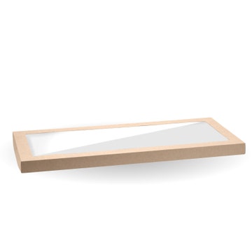 Large BioPak BioBoard catering tray with kraft PLA windowed lid, designed for food service, shown on a kraft box.