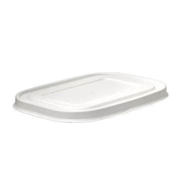 White Biopak rectangular plant fibre takeaway container lid, suitable for eco-friendly food packaging, shown on a plain background.