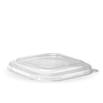 Clear Biopak Square plant fiber lid for takeaway containers, shown in a box of 300, eco-friendly and biodegradable.