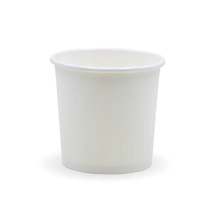White BioPak 120ml paper sauce cup for condiments, shown in a box of 1000, ideal for takeout and food service.