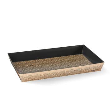 Biopak large FSC Mix sushi tray in kraft and black, eco-friendly food packaging, shown in a box of 300.