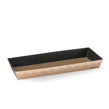 Biopak long sushi tray in kraft and black, FSC Mix, 300-pack, durable and eco-friendly sushi tray for takeaway servings.