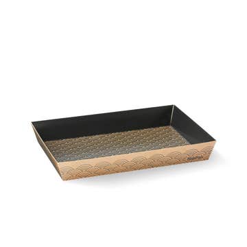 Biopak medium FSC Mix kraft and black sushi tray, ideal for packaging sushi, shown in a box of 300.