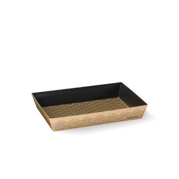 Biopak small FSC Mix kraft and black sushi tray, ideal for serving sushi, shown in a box of 300.
