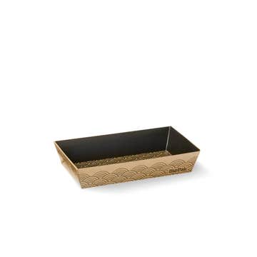 Biopak extra small sushi tray in kraft and black, FSC Mix, shown in a box of 300 for eco-friendly sushi packaging.