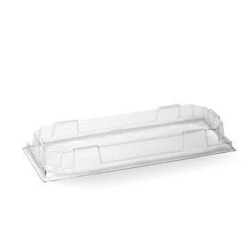 Clear BioPak extra small sushi tray PLA lid, suitable for sushi trays, shown on a white background.