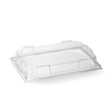 Clear BioPak medium sushi tray PLA lid, designed for sushi trays, shown on a box of 300 lids.