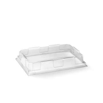 Clear BioPak small sushi tray PET lid, designed for sushi trays, fits securely, and is ideal for food packaging.