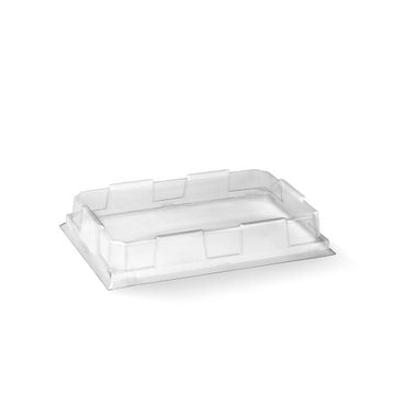 Clear BioPak small sushi tray PLA lid, durable and transparent, designed for sushi trays, shown in the image.