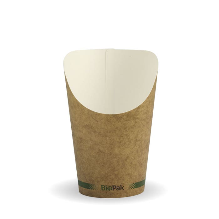 BioPak small paper chip cup box, eco-friendly disposable container for hot or cold snacks, shown in image with 1000-pack packaging.