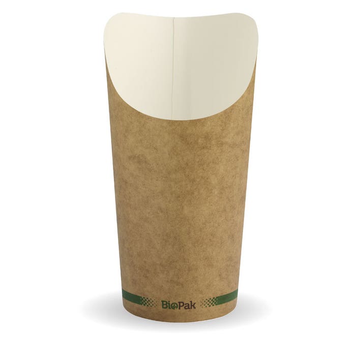 Large BioPak paper chip cup box with 500 biodegradable chip cups, eco-friendly packaging for hot or cold snacks.