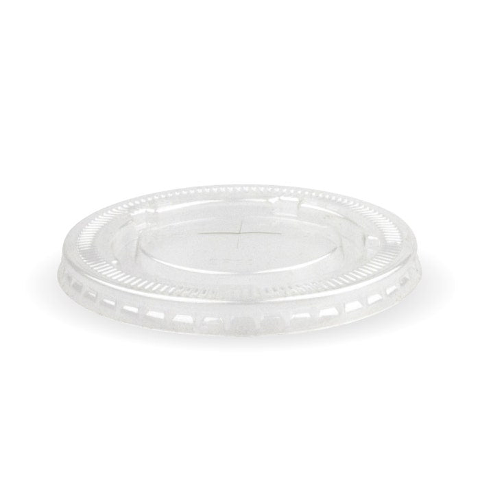 Biopak 105mm clear PET cold cup lid, flat design, ideal for cold beverages, shown with a transparent appearance and smooth surface.