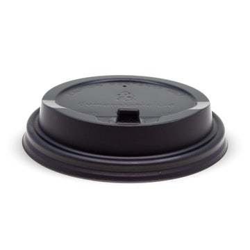 Large black BioPak 90mm reclosable PLA coffee cup lid for bio cups, shown in box of 1000.