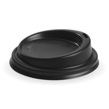 Black 80mm BioPak coffee cup lid, small size, made of PS plastic, shown in a box of 1000 lids.
